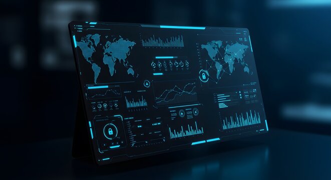 A futuristic AI cybersecurity dashboard that delivers real-time insights to detect and neutralize digital threats immediately