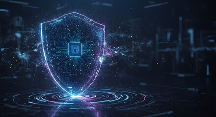 A futuristic AI-powered cyber shield that continuously monitors and neutralizes digital threats in real-time environments