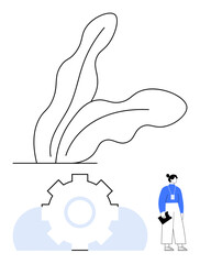 Large gear, abstract leaves, and a woman holding a clipboard convey productivity, collaboration, and growth. Ideal for teamwork, innovation, organization, planning technology leadership flat