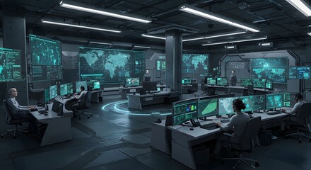 A futuristic AI cybersecurity operations center that detects and neutralizes digital threats in real-time using advanced algorithms