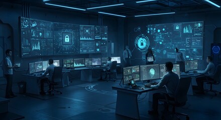 A futuristic AI cybersecurity operations center that detects and neutralizes digital threats in real-time using advanced algorithms