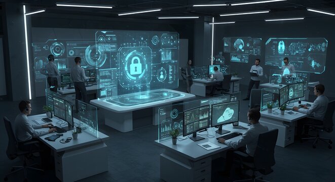 A futuristic AI cybersecurity operations center that detects and neutralizes digital threats in real-time using advanced algorithms