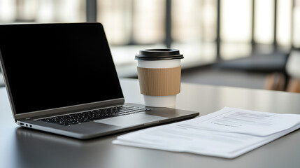 A laptop is open on a table with a coffee cup next to it