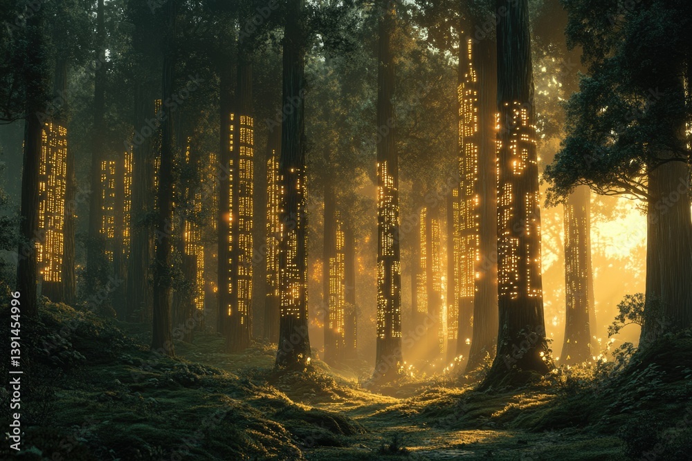 Poster golden light filters through a forest where trees appear to have geometric patterns or embedded ligh