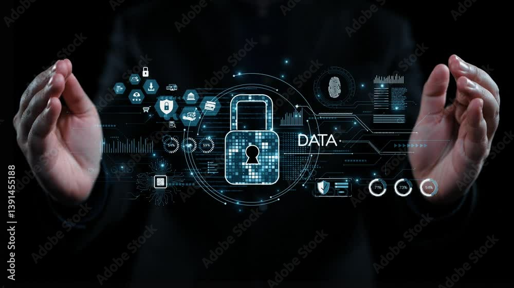 Poster a visual representation of data protection featuring hands positioning a digital lock symbol, emphas