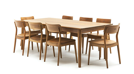 A long wooden table with a set of chairs around it