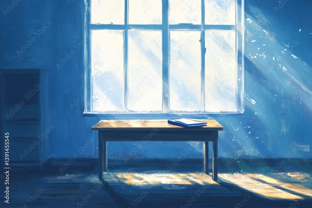 Poster sunlight streams through a large window onto a table with a book in an empty, blue-toned room.