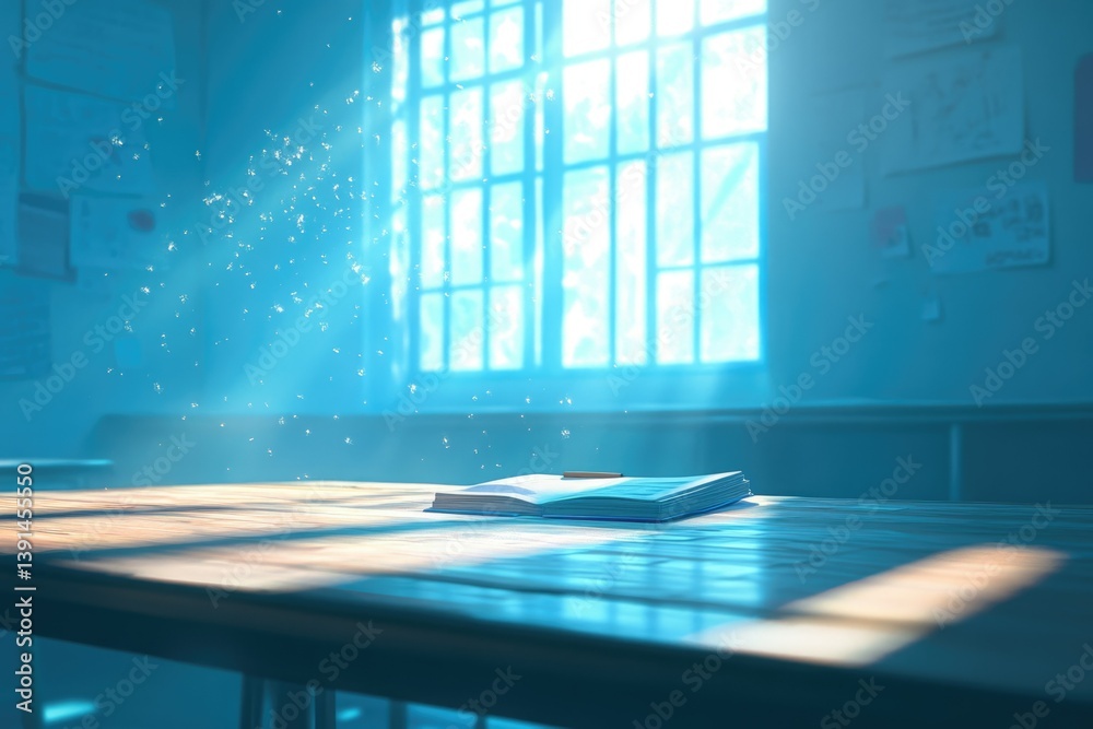 Aufkleber sunlight illuminates an open book on a desk in a classroom, evoking a sense of learning.