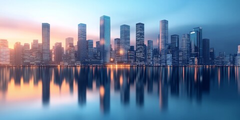 Fototapeta premium Sunrise over a modern metropolis, reflected in calm waters