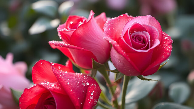 Roses with drops of rain  showing their delicate petals and vibrant colors-Close up pink roses with dew drops - Powered by Adobe