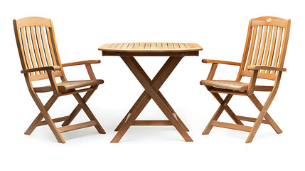 A wooden table and two chairs are arranged in a way that they face each other