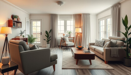 Bright and cozy living room interior with natural light, modern furniture, houseplants, and warm wooden accents.