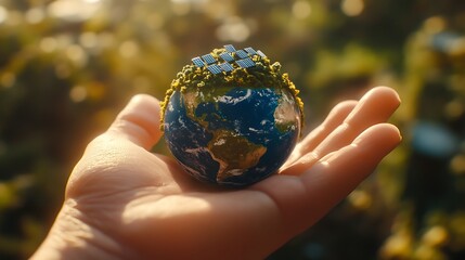 Fototapeta premium “A person’s hand holds a small world” with trees, sustainable cities, or symbols of environmental conservation on a tiny world.