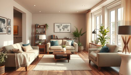 Bright and cozy living room interior with natural light, modern furniture, houseplants, and warm wooden accents.