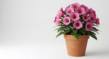 Calibrachoa Plant in Terracotta Pot plain white background Calibrachoa plant with vibrant pink flowers. Perfect for adding color to any indoor or outdoor space.
