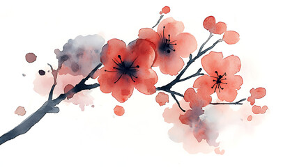 A watercolor painting of a branch with red flowers