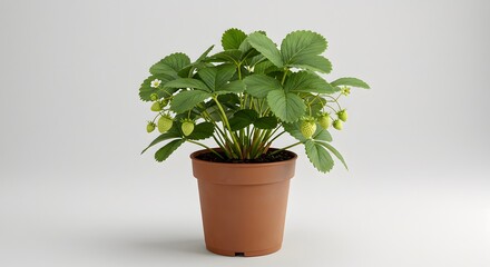 Obraz premium Strawberry Plant in Terracotta Pot plain white background Strawberry plant with green leaves and small white flowers. Perfect for growing fresh strawberries indoors.