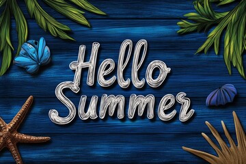 A postcard-style illustration that says "Hello Summer" with bright, cheerful colors and beach elements