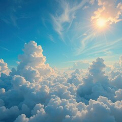 A breathtaking aerial view of the sky from an airplane, showcasing fluffy white clouds scattered across a vibrant blue canvas, with the sun casting a warm golden glow on the horizon.