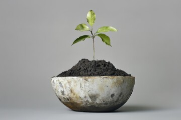 A small plant growing from soil inside a concrete bowl
