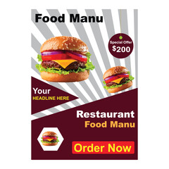 Vector fast food poster design illustration with a hot hamburger sandwich on a vintage menu