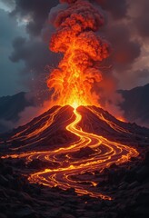 A majestic volcano erupts, spewing vibrant lava and molten rock high into the air, creating a dramatic display of fiery orange and red against a darkened sky.