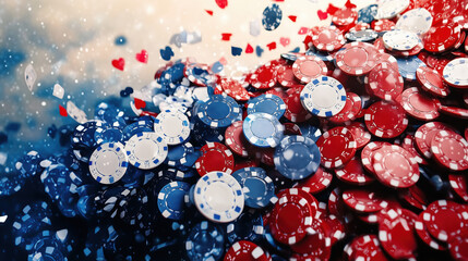 Stack of colorful casino poker chips in a dynamic atmosphere symbolizing азарт, risk and financial strategy