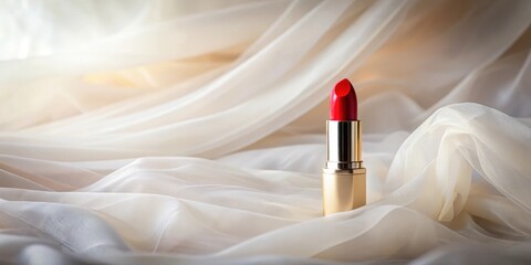 A single tube of rich red lipstick rests elegantly on creamy, flowing fabric, a symbol of beauty and sophistication