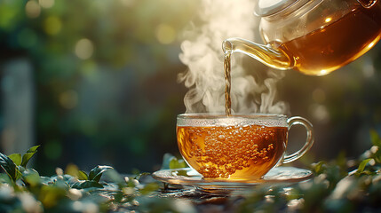 Tea, realistic photo of hot tea being poured from a teapot into a glass cup with steam rising above it. Focus is on the smoky and warm hues of the liquid with a blurred green background.