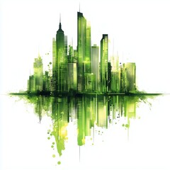 Obraz premium Futuristic Green City Vector with Clean Energy Icons - High-rise Skyline with Ample Text Space for Eco Campaigns
