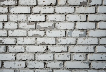 Obraz premium A weathered white brick wall showcases a rustic charm, featuring visible cracks and areas of peeling paint that reveal the underlying texture, adding character and depth to the scene.