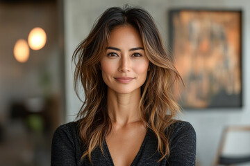 Fototapeta premium Confident young Asian woman smiling indoors with wavy hair and casual outfit.