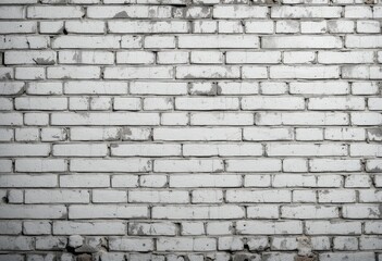 Obraz premium A weathered white brick wall showcases a textured surface, featuring visible cracks that add character and depth, hinting at its age and the passage of time.