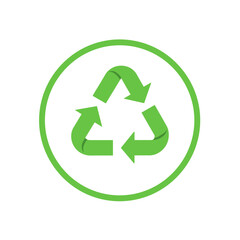 Fototapeta premium A green circular recycling symbol with three arrows chasing each other, representing environmental awareness, sustainability, and the recycling process.