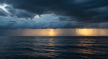 Obraz premium A brooding seascape shot at dusk, showcasing dark, swirling clouds overhead with hints of rain falling into the ocean