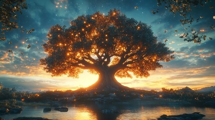 majestic tree with sprawling branches and radiant sun shining through its leaves creates serene and uplifting atmosphere.