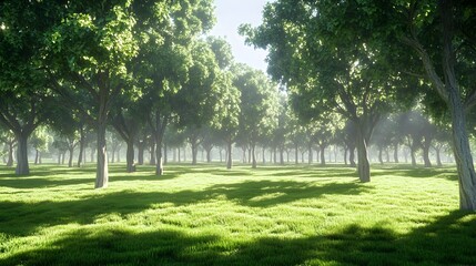 Serene Forest Scene with Misty Rays of Sunlight Filtering Through Trees