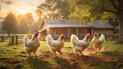 Fototapeta premium A large flock of red and white hens is walking along a dirt path with greenery on both sides.