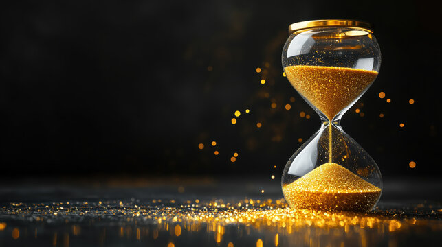 Hourglass on a black background, copy space