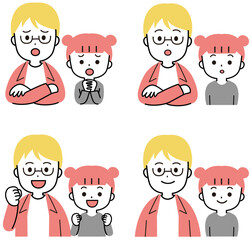 男性と女の子家族の表情アイコンイラストセット	