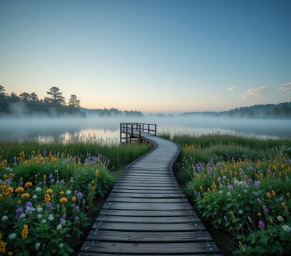 A rustic wooden boardwalk meanders through vibrant wildflowers, guiding visitors toward a serene body of water, where gentle waves lap against the shore under a clear blue sky.