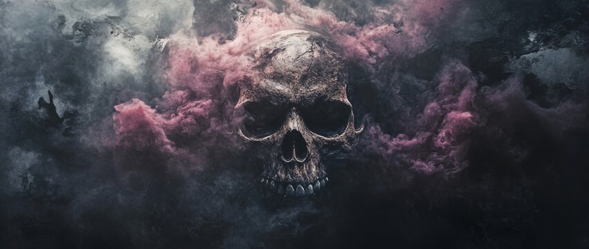 Skulls emerge from colorful smoke in a dramatic display of light and shadow in a mystical atmosphere