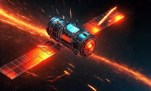A highly detailed, stylized artwork of a futuristic satellite in fiery space.