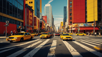 Manhattan Street Scene With Yellow Taxi Cabs And Colorful Buildings On Sunny Day