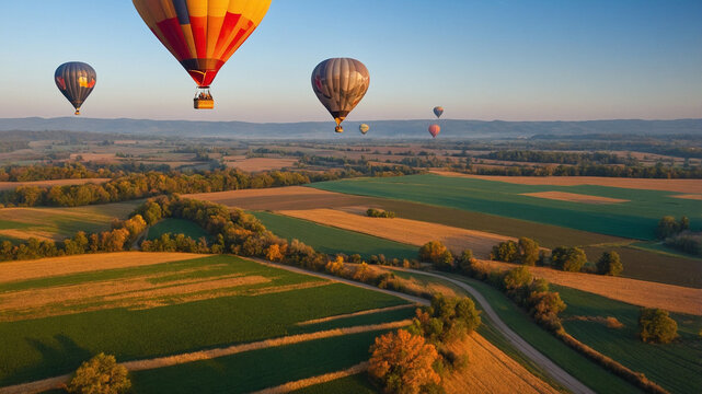 Hot Air Balloons Flying Over Countryside Fields At Sunrise Aerial View - Powered by Adobe