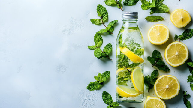 A glass bottle with lemon water, mint, and sliced fruits