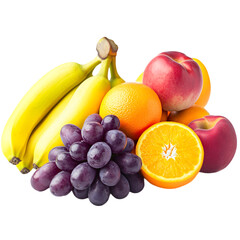 Fresh Fruit Mix on White Background with Grapes and Berries. Fruit mix on a white and transparent background, with grapes and blueberries, lemon, strawberry, orange, apple, and banana, PNG cutout.	