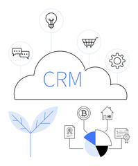 Cloud CRM connects lightbulb, cart, gear, speech bubble icons. Includes pie chart, blockchain, home, certificate. Ideal for collaboration analysis management automation communication planning