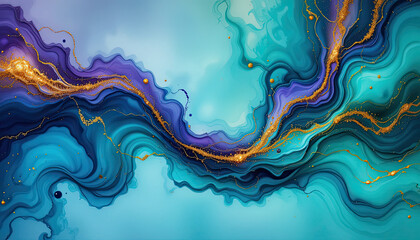 Fototapeta premium Abstract Fluid Ink Marble Background Teal Purple Gold Waves on White Wallpaper Art