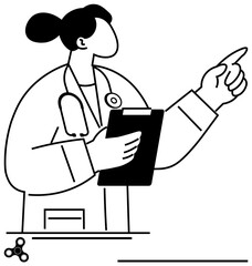 Doctor wearing lab coat and stethoscope, holding clipboard, pointing decisively. Ideal for healthcare, guidance, leadership, expertise, teamwork instruction direction. Clean flat simple metaphor